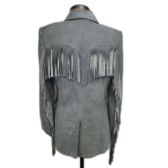Veronica Beard Pali Fringed Suede Dickey Jacket Slate Blue Lambskin Size 8 - Picture 6 of 14